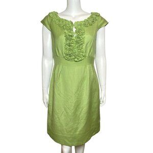 Jessica Howard Dress Size 12 Linen Blend Ruffle Neckline Green Cap Sleeves